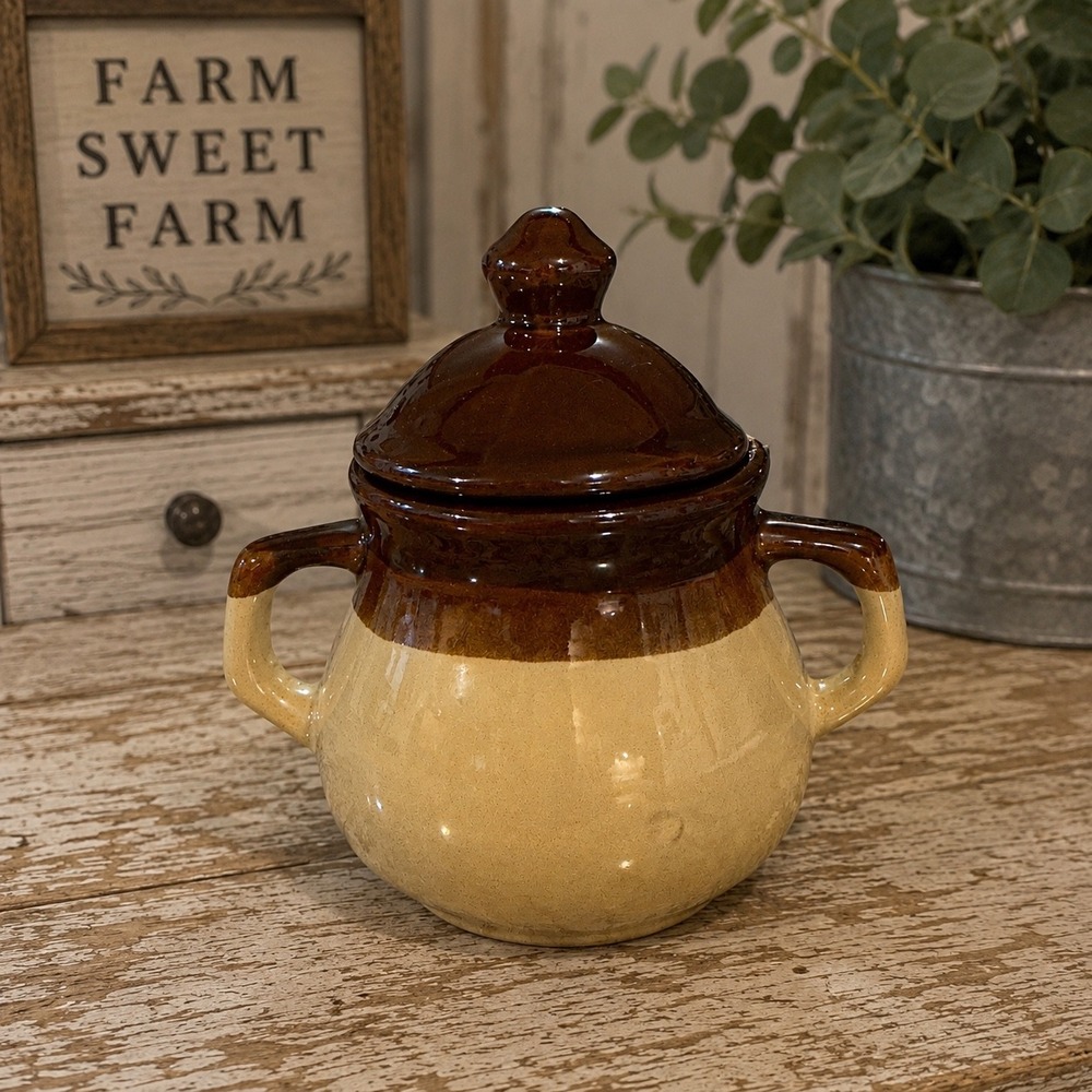 Vintage Two Tone Brown Tan Stoneware Small Bean Pot‎ Sugar Bowl with Lid 5in